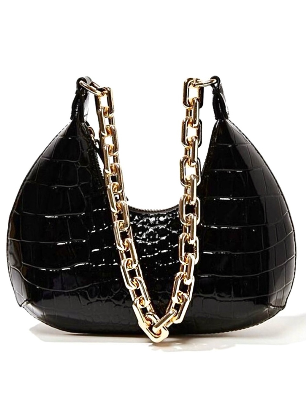 Forever 21 Black Croc-Embossed Faux Patent Leather Shoulder Bag Gold Chain NWT